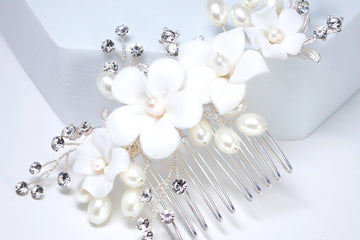 Crystals and Ceramic White flower Faux Pearl Ivory Starlight Hair comb, Bridal Hair piece, Bridal Hair Accessories, Wedding Hair Accessory.